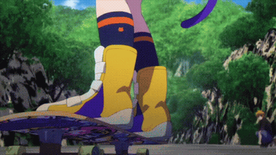 A Person Riding A Skateboard With A Purple Tail On The Back GIF