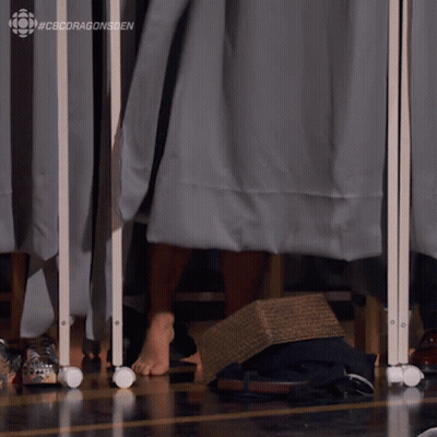 A Person 'S Feet Are Visible In A Closet With The Hashtag #Cbcdragonsden Above Them GIF