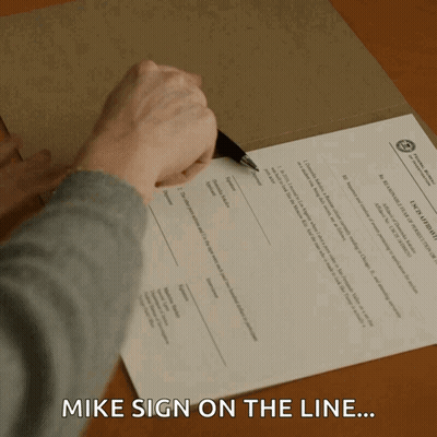 A Person Signing A Document With The Words Mike Sign On The Line GIF