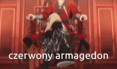 A Person Sitting In A Chair With The Words Czerwony Armageddon Written On The Bottom GIF