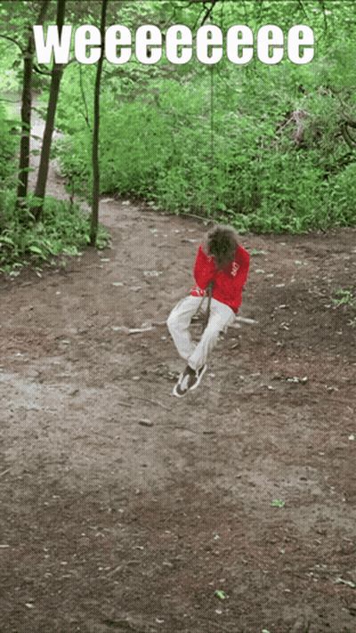 A Person Sitting On A Swing In The Woods With The Words Weeeeeeee Written Above Them GIF
