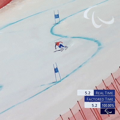 A Person Skiing Down A Snowy Slope With A Scoreboard That Says 8.2 Real Time Factored Time 8.2 And 100.00 % GIF