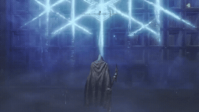 A Person Standing In A Dark Room With A Blue Light Coming Out Of The Ceiling GIF
