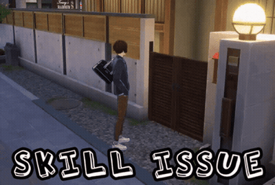 A Person Standing In Front Of A Building With The Words Skill Issue Written On The Bottom GIF