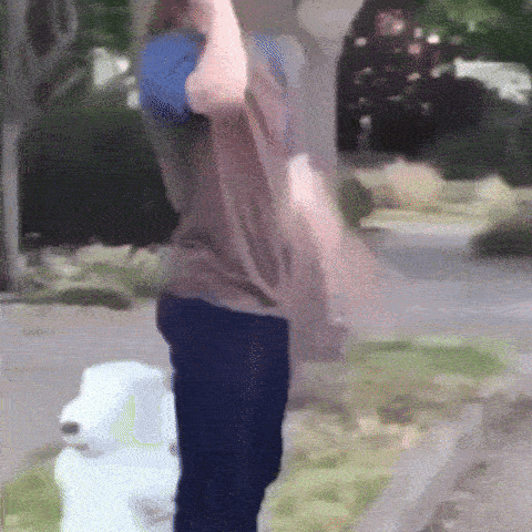 A Person Standing Next To A Fire Hydrant Holding A Blue Ball GIF