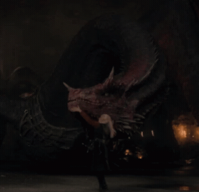 A Person Standing Next To A Large Dragon With A Fire In The Background GIF