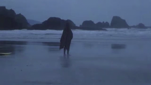 A Person Standing On A Beach In The Dark GIF