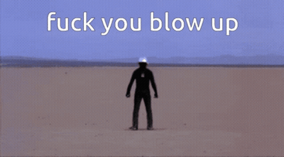 A Person Standing On A Beach With The Words " Fuck You Blow Up " On The Bottom GIF