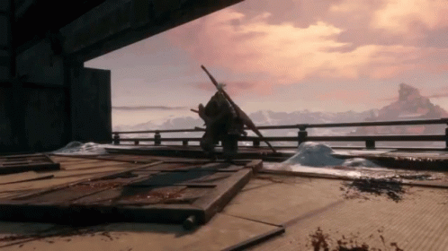 A Person Standing On A Ledge With A Sword In Front Of A Mountain GIF