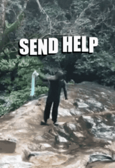 A Person Standing On A Rock With The Words Send Help Written On It GIF