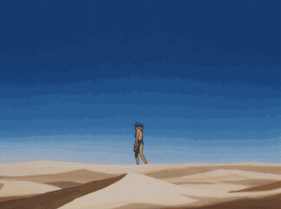 A Person Standing On Top Of A Sand Dune With A Blue Sky Behind Them GIF