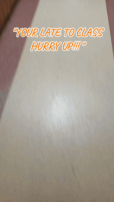 A Person Walking Down A Hallway With The Words " Your Late To Class Hurry Up !!! " Above Them GIF