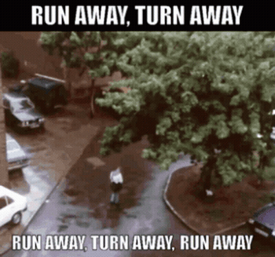 A Person Walking Down A Street With A Caption That Says Run Away Turn Away GIF