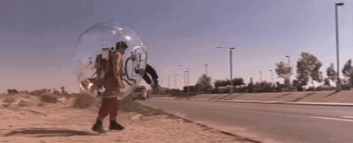 A Person Walking In A Clear Bubble On The Side Of The Road GIF