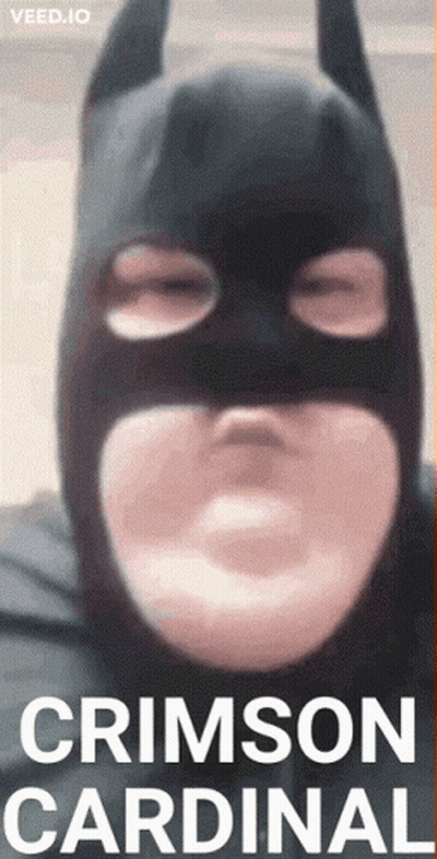 A Person Wearing A Batman Mask With The Words Crimson Cardinal Below GIF