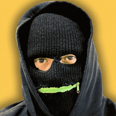 A Person Wearing A Black Ski Mask With A Green Zipper On It GIF