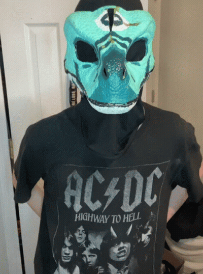 A Person Wearing A Blue Mask And A Black Ac Dc Highway To Hell Shirt GIF