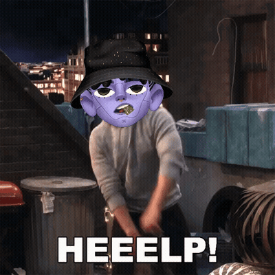 A Person Wearing A Bucket Hat With A Purple Face And The Words Heeelp On The Bottom GIF