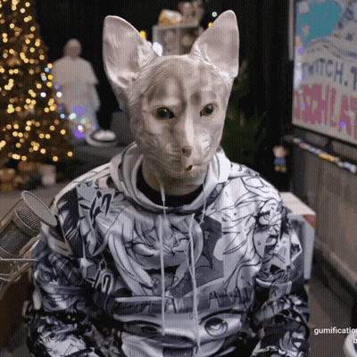 A Person Wearing A Cat Mask And A Hoodie That Says Gumification On The Bottom GIF