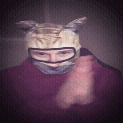 A Person Wearing A Cat Mask With A Red Shirt GIF