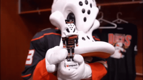 A Person Wearing A Ducks Jersey Is Holding A Small Figurine GIF