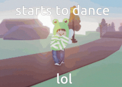 A Person Wearing A Frog Hat With The Words " Starts To Dance Lol " On The Bottom GIF