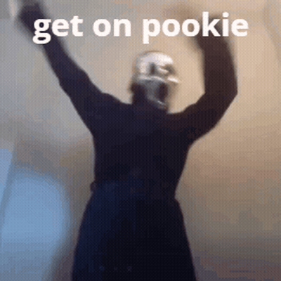 A Person Wearing A Helmet Is Dancing With Their Arms In The Air And The Words `` Get On Pookie '' Above Them . GIF