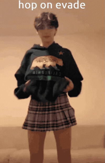 A Person Wearing A Hoodie And A Plaid Skirt With The Words Hop On Evade On The Bottom GIF