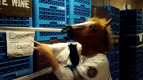 A Person Wearing A Horse Mask Holds Up A Sign That Says " Do N't Touch " GIF