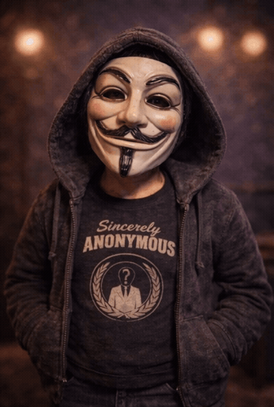 A Person Wearing A Mask And A Shirt That Says " Sincerely Anonymous " GIF