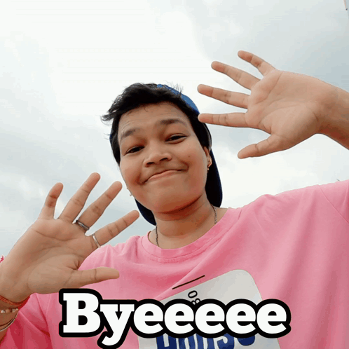 A Person Wearing A Pink Shirt With The Word Byeeee On It GIF