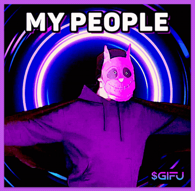 A Person Wearing A Purple Hoodie And A Pink Mask With The Words My People On It GIF