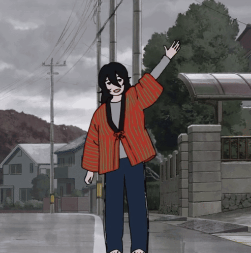 A Person Wearing A Red Striped Jacket Is Waving In The Rain GIF