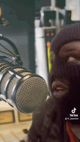 A Person Wearing A Ski Mask Stands In Front Of A Microphone . GIF