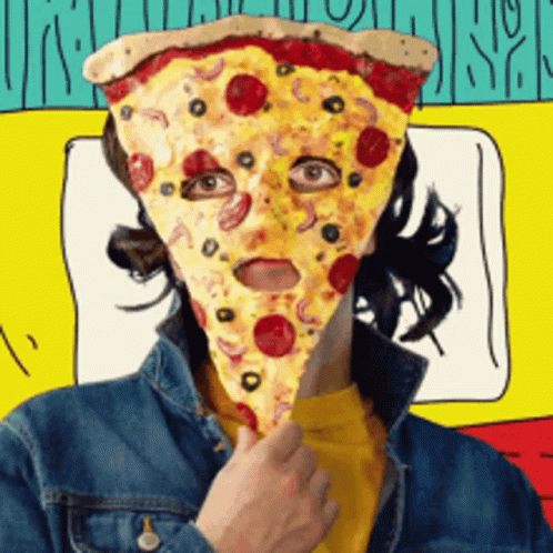 A Person Wearing A Slice Of Pepperoni Pizza On Their Face GIF