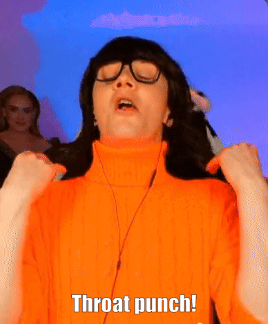 A Person Wearing A Turtleneck Sweater And Glasses Says Throat Punch GIF