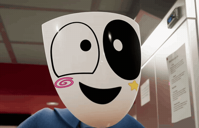 A Person Wearing A White Mask With Black Eyes And A Yellow Star GIF
