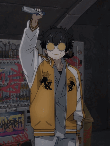 A Person Wearing A Yellow Jacket With A Cat On It Is Standing In Front Of A Vending Machine That Says Vape GIF