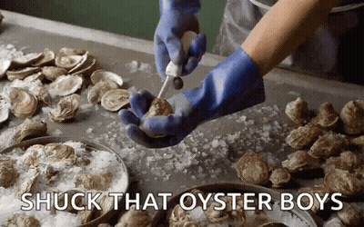 A Person Wearing Blue Gloves Is Cutting An Oyster With The Words " Shuck That Oyster Boys " Above Them GIF