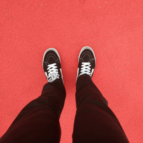 A Person Wearing Brown And White Vans Shoes Walking On A Wooden Path GIF