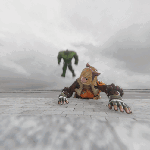 A Person Wearing Gloves Is Crawling On A Brick Sidewalk GIF