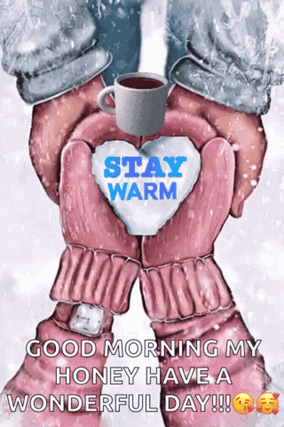 A Person Wearing Pink Mittens Is Holding A Cup Of Coffee . GIF