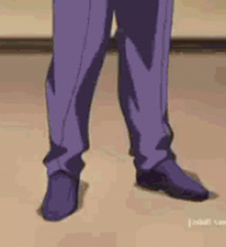 A Person Wearing Purple Pants And Purple Shoes Is Standing On A Brown Floor . GIF