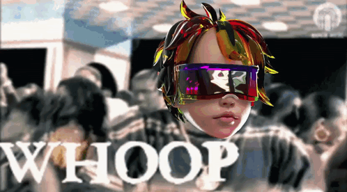 A Person Wearing Sunglasses With The Word Whoop Written On It GIF