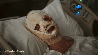 A Person With A Bandage On Their Face Is Laying In A Hospital Bed With The Hashtag #Clayfacemovie GIF