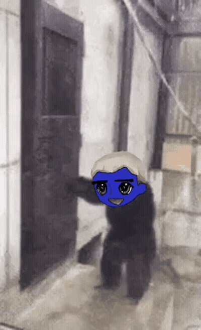 A Person With A Blue Face Is Standing In A Room GIF
