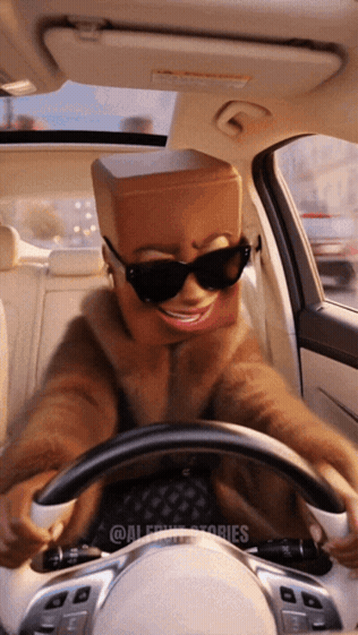 A Person With A Cardboard Box On Their Head Driving A Car GIF