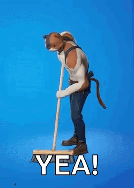 A Person With A Cat 'S Head Is Sweeping The Floor . GIF