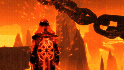 A Person With A Celtic Cross On Their Back Stands In A Burning Area GIF