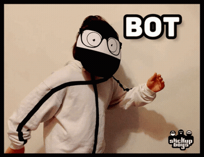 A Person With A Mask On Their Head And The Word Bot Above Them GIF